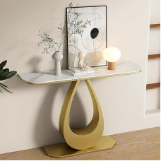Moderner Eingangstisch mit Marmorplatte und goldfarbenem Metallsockel, stilvolle Konsole für Wohnzimmer, Foyer oder Flur, 120 cm Sofatisch