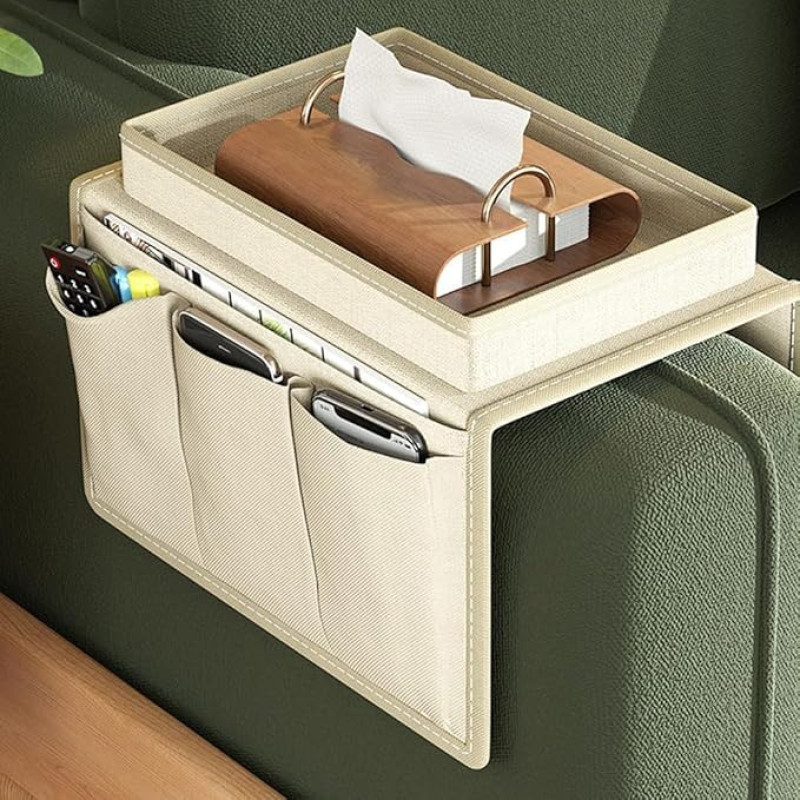 DZOZO Sofa Chair Couch Armrest Organiser Remote Control Holder Caddy Handset Holder Armchair Storage Bag with Drink Holder for Tablet, Phone, Pad, Book, Magazines, 6 Pockets