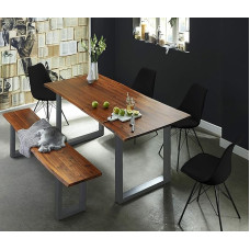 SAM Esra Dining Set, Wane Table 120 x 80 cm & Bench 120 x 40 cm, Acacia Wood Cognac Colour, Silver Frame, 4 x Bowl Chairs, Lark, Black