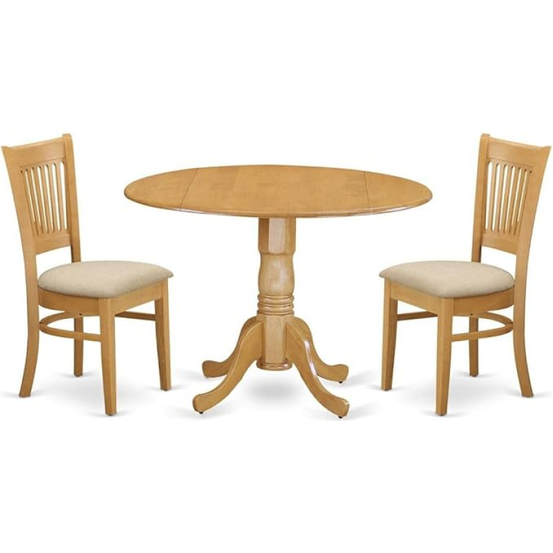 East West Möbel DLVA3-OAK-C Kitchen Table Set with Dining Table and 2 Wooden Dining Chairs Microfibre Upholstered Seat Oak Finish