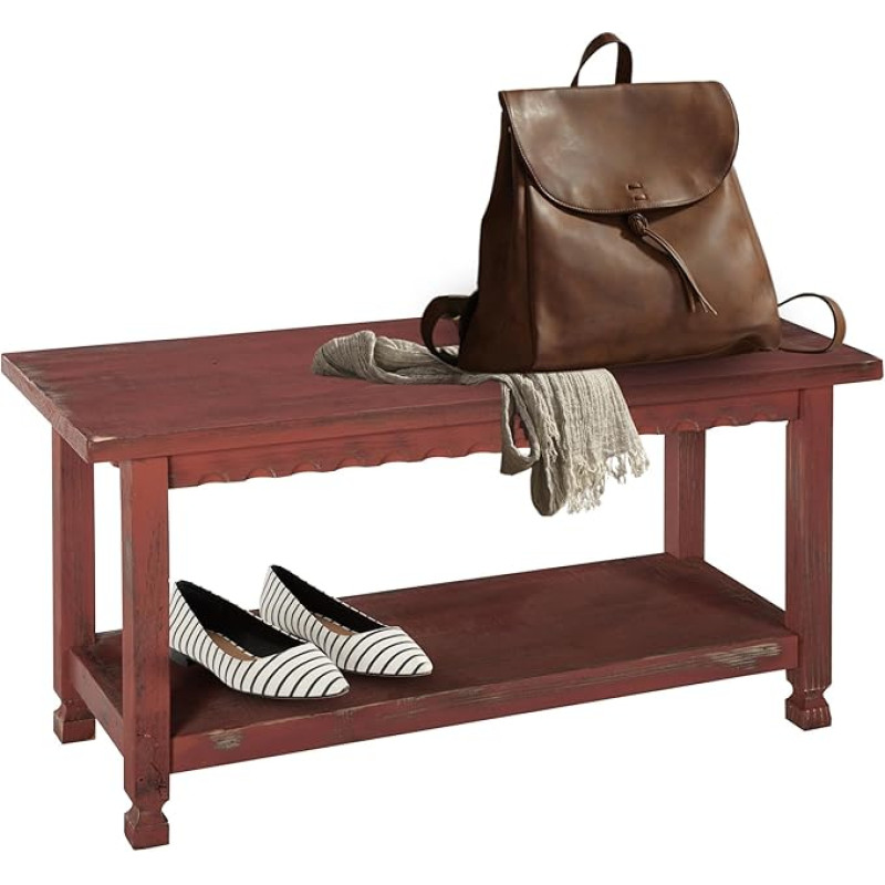 Alaterre Rustic Cottage Bench, Red Antique Finish Bench, Wood, Antique Red
