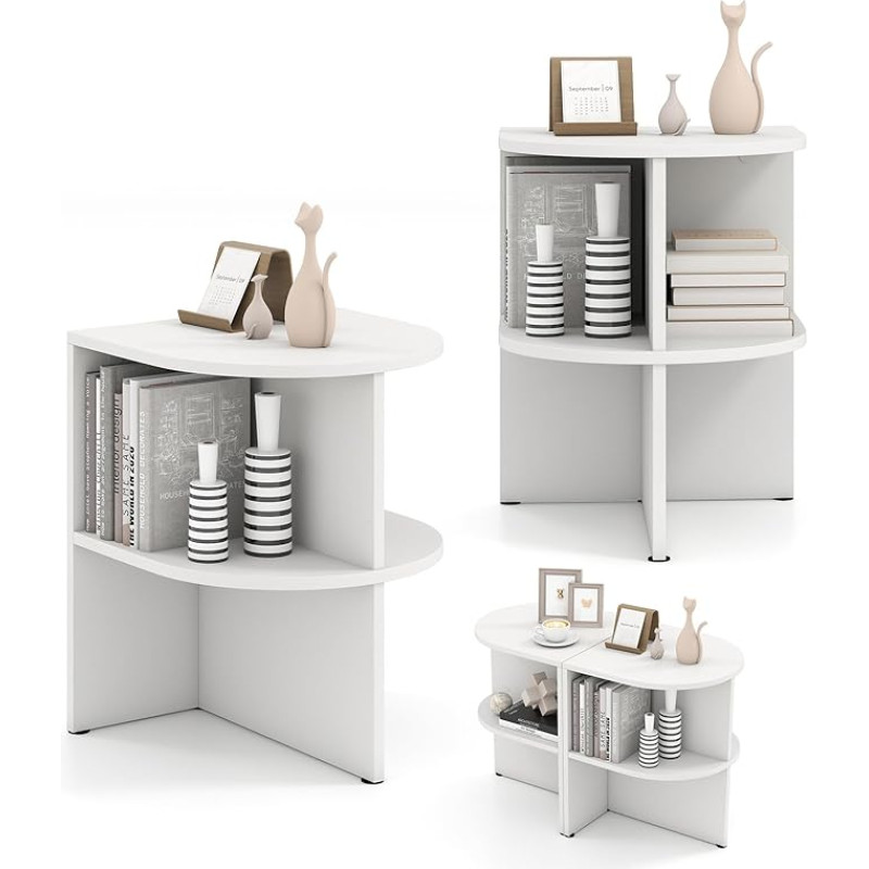 COSTWAY Side Table Semicircular Set of 2, Bedside Table with Open Shelves, Sofa Table for Small Spaces, Coffee Table for Living Room, Bedroom, White, 38 x 38 x 48.5 cm