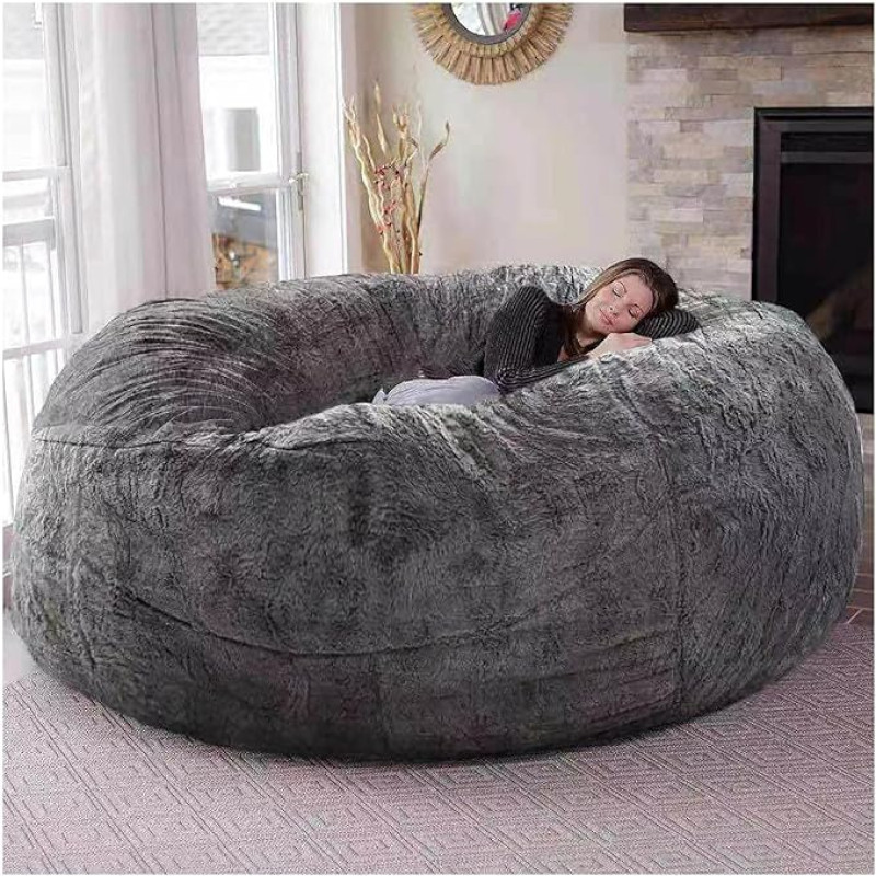 Generisch Giant Fur Bean Bag for Living Room Furniture for Adults, Large Round Soft Fluffy Faux Fur Bean Bag Lazy Sofa Bed Cover, Fillers not Included (Grey, 5ft)