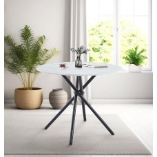 Hallowood Furniture Cullompton Small Dining Table, Round Dining Table, White Marble Effect Dining Table with Black Metal Legs, Kitchen Table, Small Table for Home and Cafe (90 cm)