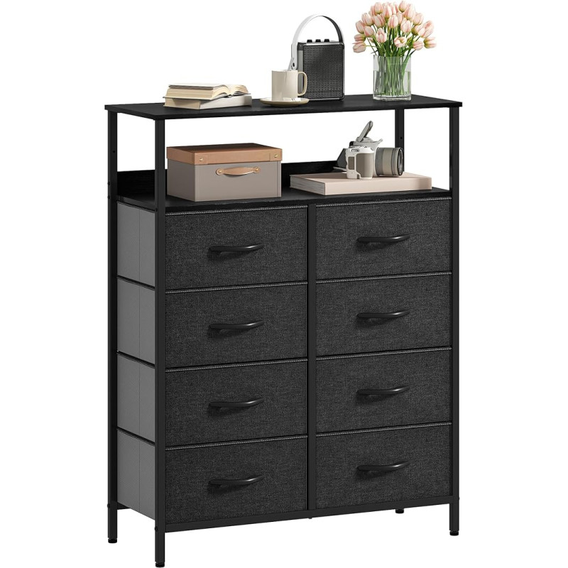 DWVO Chest of Drawers with 8 Drawers, Durable Fabric, Sturdy Metal Frame, Fabric Cabinet with Handles, Ideal for Bedroom, Living Room, Hallway, Children's Room, Black Grey