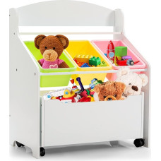 GOPLUS Children's Shelf with Large Storage Space, 1 Open Shelf & 3 Boxes & Boxes on Wheels, Wooden + Plastic Mirror Storage Shelf for Children's Room, Nursery, Playroom (White)
