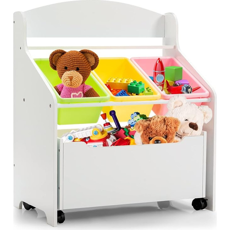 GOPLUS Children's Shelf with Large Storage Space, 1 Open Shelf & 3 Boxes & Boxes on Wheels, Wooden + Plastic Mirror Storage Shelf for Children's Room, Nursery, Playroom (White)