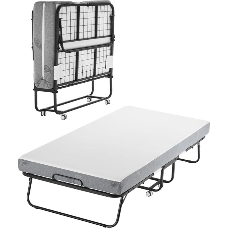 VEVOR Trundle Bed Folding Bed with 5 Inch Mattress, Foldable Single Bed with Memory Foam Mattress (190 x 98 cm), 450 lb Heavy Duty Guest Bed for Adults Guests, Metal Bed for Bedroom