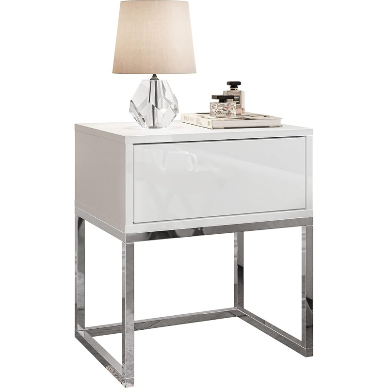 lukmebel Glamur Bedside Table White 45 x 36.6 x 53 cm with Chrome Frame - Bed Table - Push to Open Night Box - Bedside Table - High Gloss - Bedside Table with Drawer