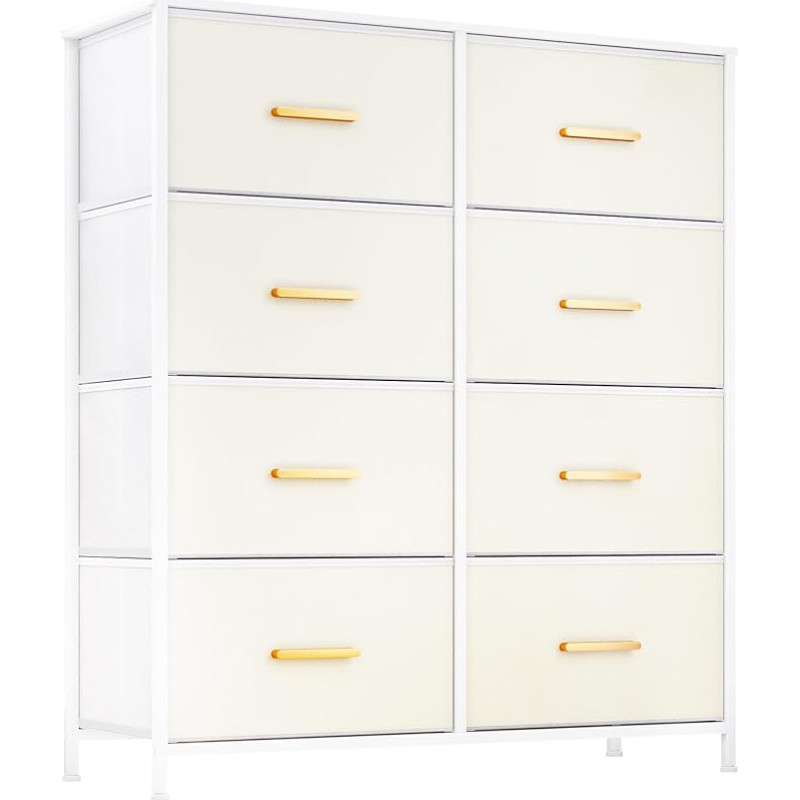 LLappuil Cream White Faux Leather Bedroom 8 Drawer Fabric Chest of Drawers Dresser Drawer for Closet Hallway with Luxury Metal Handles Wooden Top