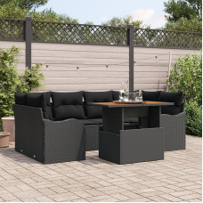Rantry 7-teiliges Garten-Sofa-Set mit Kissen Schwarz Poly-Rattan Akazie, 2-Sitzer Garten-Sofa mit Kissen Schwarz Poly-Rattan Gartenlounge Model3349414