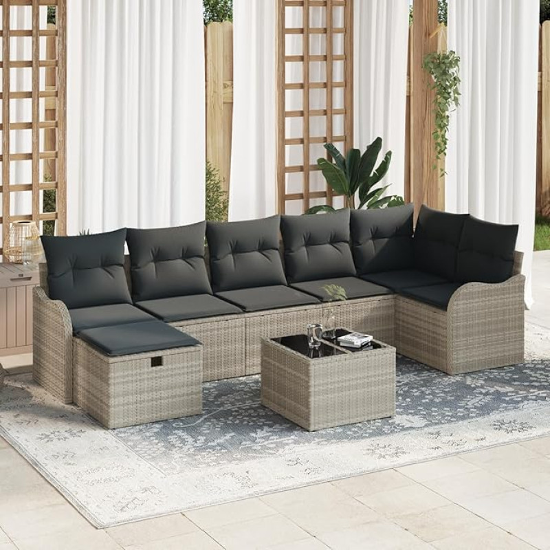 Rantry 8-teiliges Garten Sofa Set mit Kissen Hellgrau Poly Rattan, 2-Sitzer Garten Sofa mit Stauraum und Kissen Hellgrau Poly Rattan Gartenlounge Model3360343