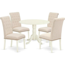 The 5 Piece Dining Room Furniture Set includes a small round dinette table with falling leaves and four Parson chairs with light beige fabric, white finish