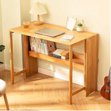 Klapptisch aus natürlichem Bambus, erweiterbar, für kleine Räume, Aufbewahrungsregal, ideal für Studium und Arbeit, Originalfarbe, 100 cm, platzsparende Lösung