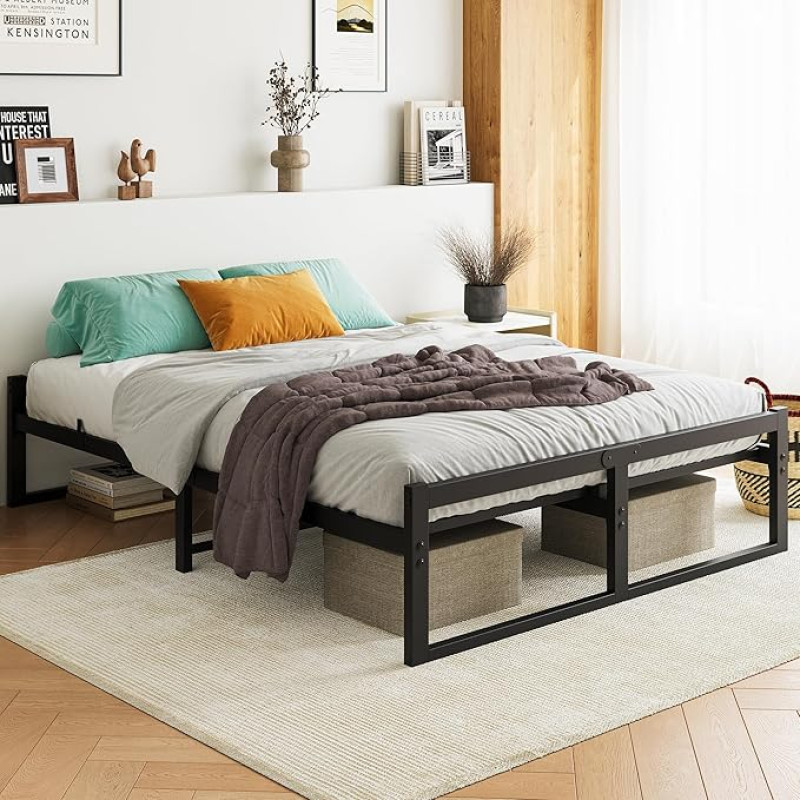 King Size Bed Frame with Headboard, Metal Bed Frame Kingsize Bed Base/Mattress Foundation, Enhanced Support Noise Free, Black