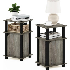 Furinno Just 3-Tier Side Table with Door, Set of 2, French Oak/Black