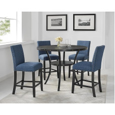 Roundhill Furniture Collection Biony Espresso Wood Counter Height Dining Set with Blue Fabric Nail Head Stools
