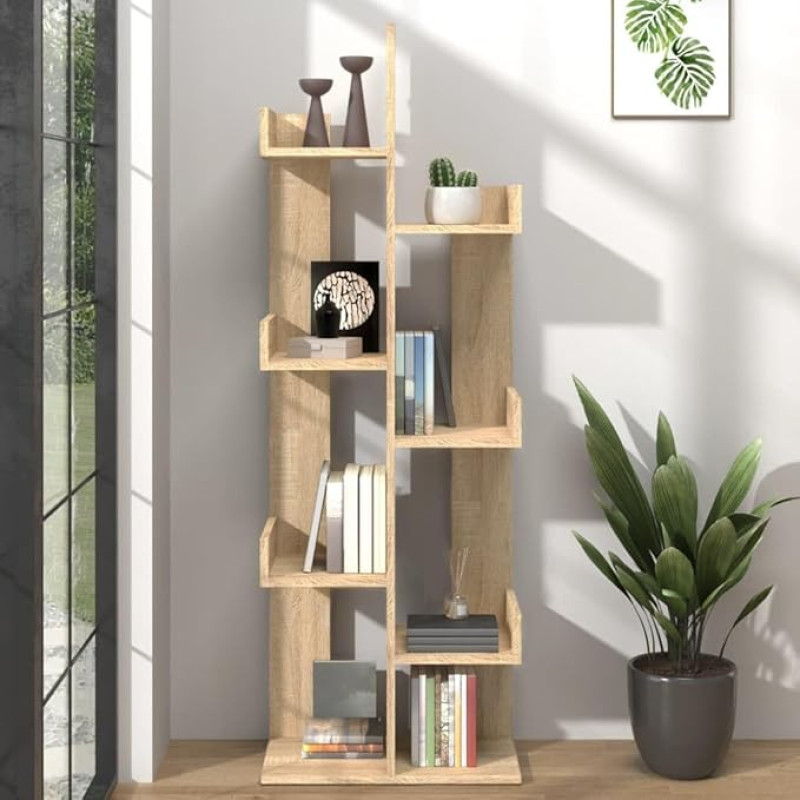 homiuse Bookcase Tree Shaped 8 Compartments Bookcase Shelf Wall Filing Cabinet Shelf Slim Bookshelf Wooden Book Shelf Book Cabinet Storage Shelf Sonoma Oak Wood 48 x 25.5 x 140 cm