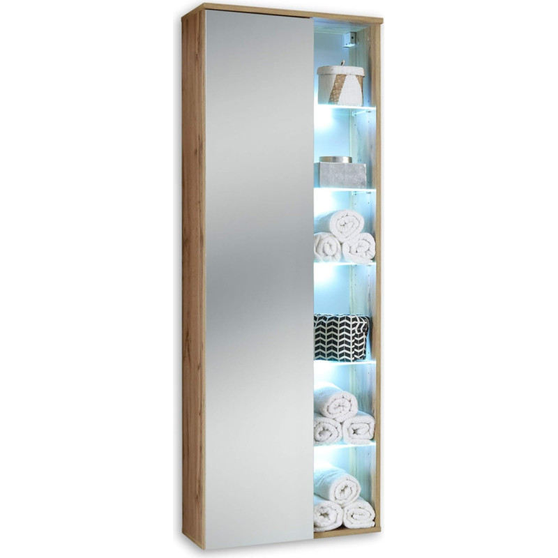 Best Bathroom Wall Cabinet with LED Lighting in Wild Oak Look - Bathroom Cabinet with Lots of Storage Space - 55 x 160 x 30 cm (W x H x D)