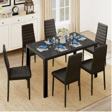 Gizoon Glass Dining Table Sets for 6, 7-Piece Kitchen Table and Chairs Set for 6 People, PU Leather Modern Dining Room Sets for Home, Kitchen, Living Room, Black