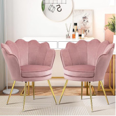 Velvet Accent Chairs Set of 2 for Living Room, Mid Century Modern Sessel, Comfy Vanity Chair for Makeup Room, Reception Armchair with Golden Legs for Bedroom, Pink