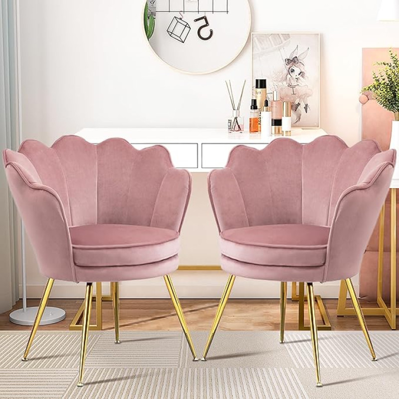Velvet Accent Chairs Set of 2 for Living Room, Mid Century Modern Sessel, Comfy Vanity Chair for Makeup Room, Reception Armchair with Golden Legs for Bedroom, Pink