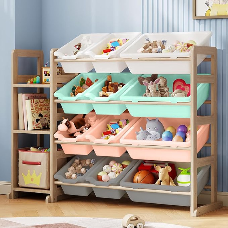 Toy Organiser - Toy Organiser and Storage with Bookshelf, Toy Storage Rack with 3 Shelves and 12 Storage Bins, Kids Bookshelf and Toy Storage for