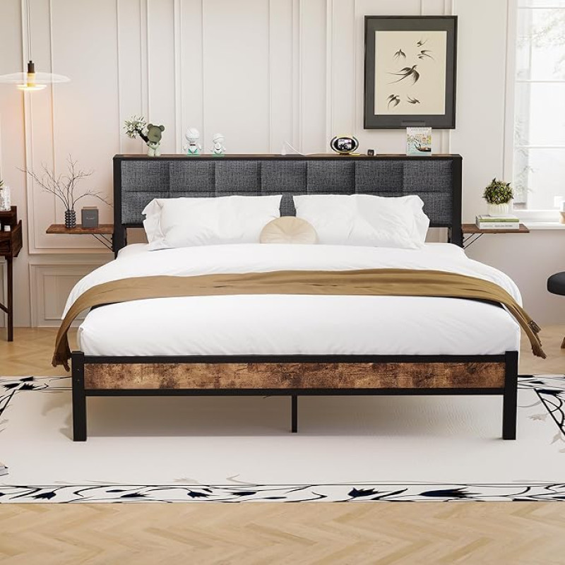 DUMEE King Size Bed Frame with Wooden Storage Headboard Shelf and Bedside Table, 4ft Padded Bed Frame, King Size with Charging Station and USB Ports, Metal Slats, Improved Support