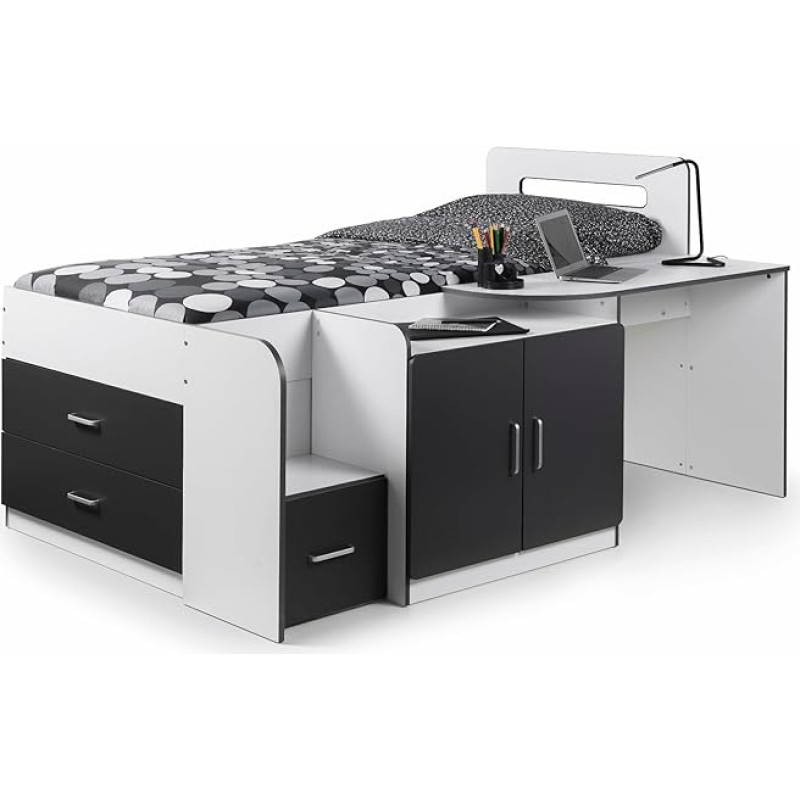 Julian Bowen Cabin Bed, Wood, White/Charcoal, 133.7x196x70.5 cm