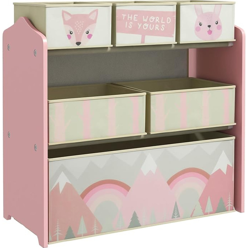 ZONEKIZ Toy Shelf with 6 Removable Non-Woven Fabric Boxes, Toy Organiser for Children 3-8 Years for Bedroom, Children's Room, 63 x 30 x 66 cm, Pink