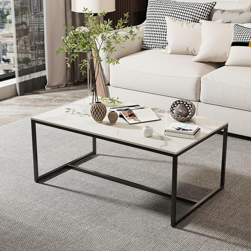 FATIVO Coffee Table Marble White Modern: Rectangular Scandinavian Coffee Table Living Room Table with Black Metal Frame - Side Table for Living Room 100 x 60 x 40 cm