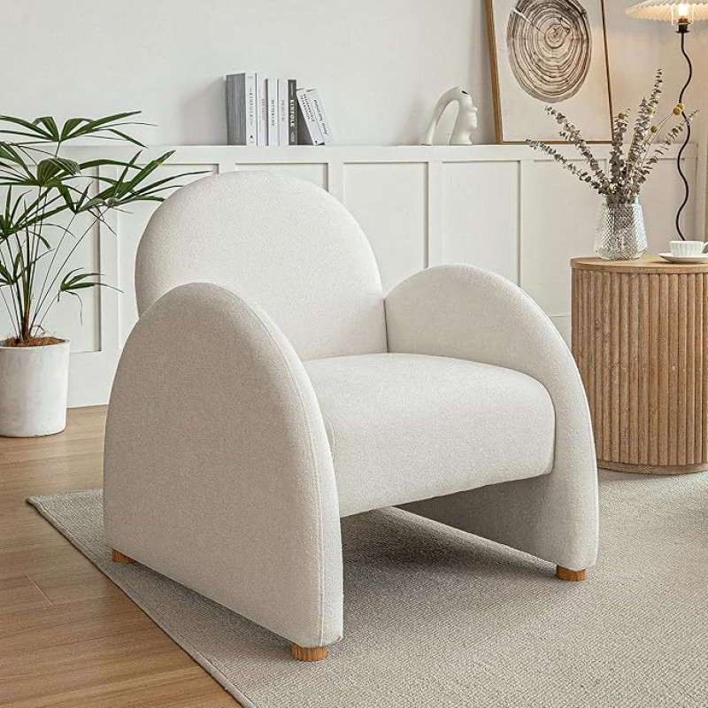 DRKAT Boucle Stoff-Stuhl mit halbrunden Armlehnen, moderner, gemütlicher Sessel für Wohnzimmer, Schlafzimmer, Kaffee (1, Beige)
