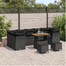 Rantry 10-teiliges Garten Sofa Set mit Kissen Schwarz Poly Rattan Akazie, 3-teiliges Garten Esstisch Set mit Kissen Schwarz Poly Rattan Akazie Gartenlounge Model3363419