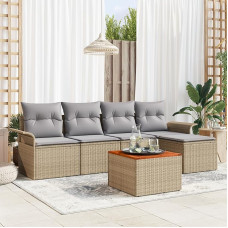 Rantry 6-teiliges Garten Sofa Set mit Kissen Beige Poly Rattan Akazie, 2-Sitzer Garten Sofa mit Stauraum & Kissen Beige Poly Rattan Gartenlounge Model3355984