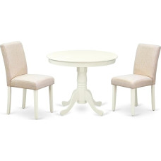 East West Furniture ANAB3-LWH-02 Antique 3 Piece Dining Set for Small Spaces, Includes Round Kitchen Table with Base and 2 Light Beige Parson Chairs, 36 x 36 inch, Linen White