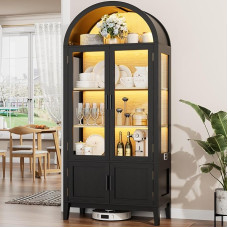 BROTTAR Glass Display Case with LED Lighting, Curved Display Cabinet with Intelligent Sensors, Sideboard, Kitchen Cabinet, Display Cabinet for Living Room, Bedroom, Office, Collector's Display Case