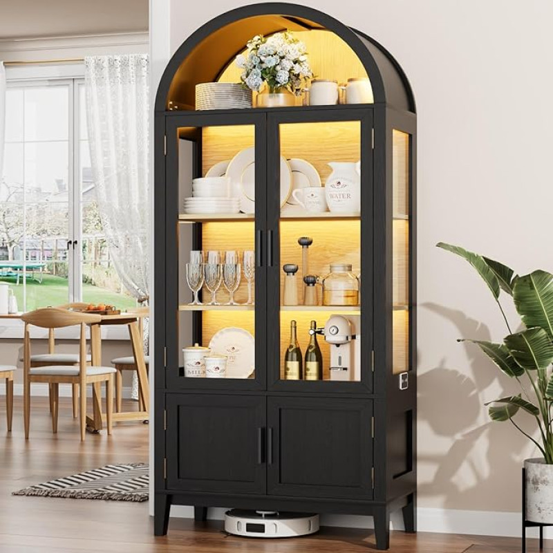BROTTAR Glass Display Case with LED Lighting, Curved Display Cabinet with Intelligent Sensors, Sideboard, Kitchen Cabinet, Display Cabinet for Living Room, Bedroom, Office, Collector's Display Case