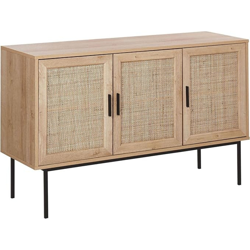 Beliani Pasco Modern Sideboard 3 Rattan Doors Light Wood Colour Black Metal Legs