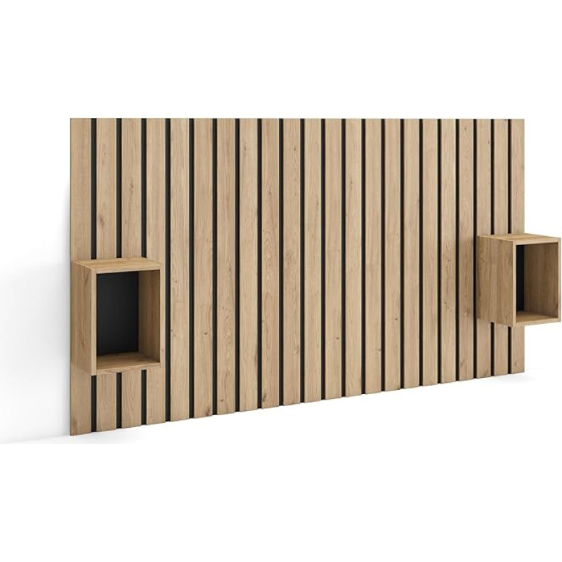 Skraut Home Headboard, Bedside Tables, Slat Wall Wood, 196 x 107 x 3 cm, 120, 135, 140 cm Bed, Storage Space, Modern Style, Oak