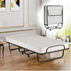 COSTWAY Single Adult Folding Bed 80 x 190 cm with Orthopaedic Memory Foam Mattress 10 cm, Load Capacity 120 kg, Folding Guest Bed with 4 Castors and Metal Grate for Guests, White