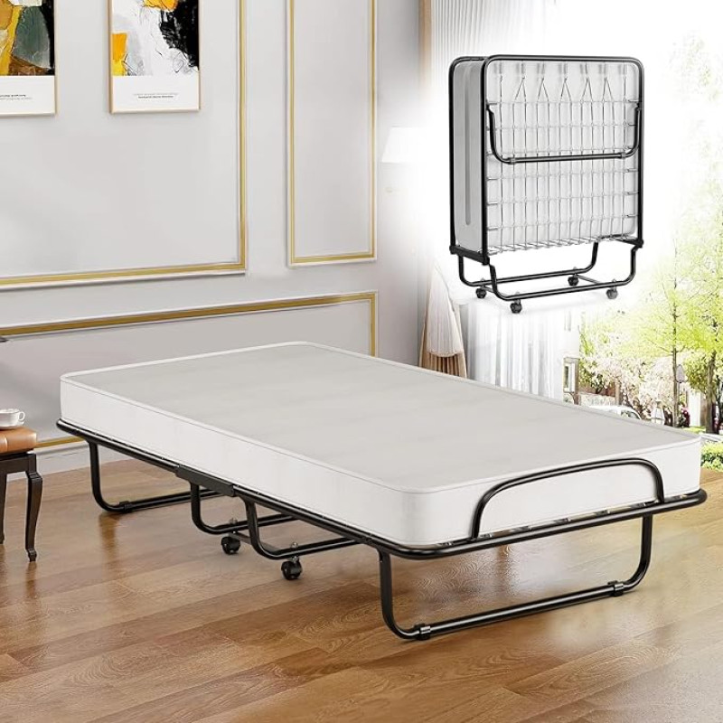COSTWAY Single Adult Folding Bed 80 x 190 cm with Orthopaedic Memory Foam Mattress 10 cm, Load Capacity 120 kg, Folding Guest Bed with 4 Castors and Metal Grate for Guests, White