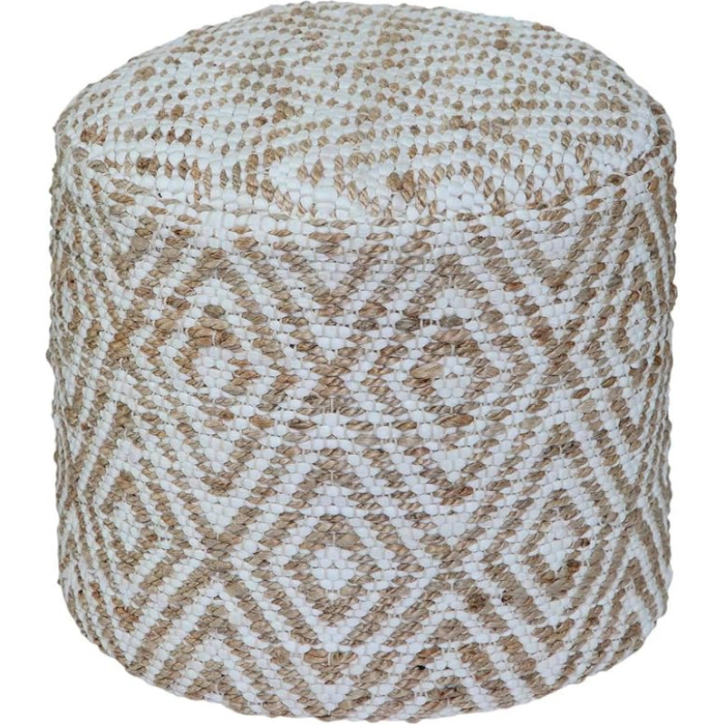 Homescapes Sierra Bean Bag Stool 40 x 45 cm Round Pouf with Ethnic Pattern Handmade in Natural & White Jute & Cotton Footstool with Pearl Filling
