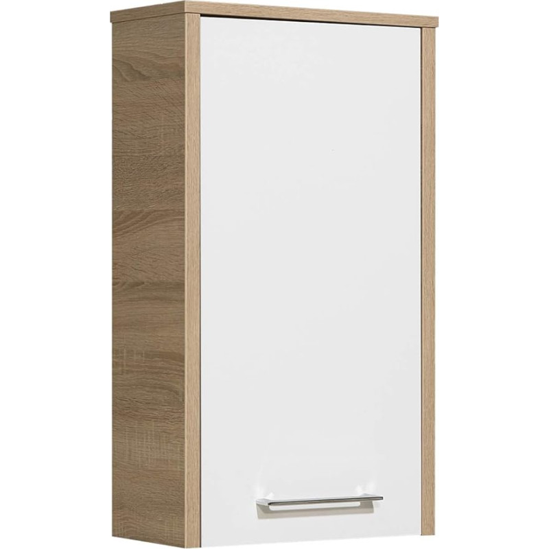 Pelipal Quickset 382 Bathroom Wall Cabinet in White High Gloss / Natural Oak Landscape Replica, 40 cm Wide, Bathroom Wall Cabinet with 1 Door and 2 Shelves