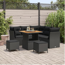 Rantry 8-teiliges Garten Sofa Set mit Kissen Schwarz Poly Rattan Akazie, 3-teiliges Garten Esstisch Set mit Kissen Schwarz Poly Rattan Akazie Gartenlounge Model3361479