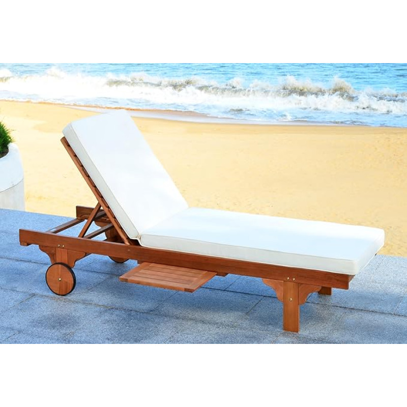 SAFAVIEH Wooden Outdoor Lounge Chair with Adjustable Back with Adjustable Side Table, Natural and Blue