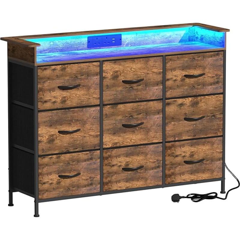VEDECASA Bedroom Dresser with LED Light, 9 Drawers, Wardrobe with Charging Station for Living Room, Entryway, Closet, Sturdy Steel Frame, Wood Finish, Easy Pull Handle