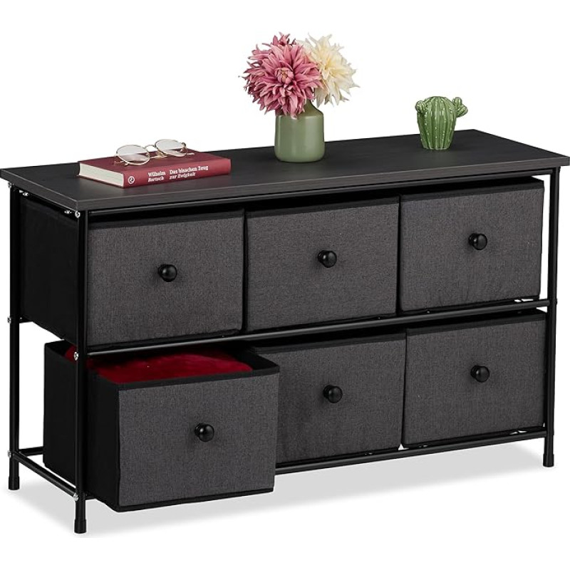 Relaxdays Sideboard, 6 Fabric Drawers, Hallway & Bedroom, H x W x D: 51 x 87 x 32 cm, Drawer Cabinet, Metal, Grey/Black