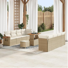 Rantry 11-teiliges Garten Sofa Set mit Kissen Beige Poly Rattan Akazie, 3-teiliges Garten Esstisch Set mit Kissen Beige Poly Rattan Akazie Gartenlounge Model3365101