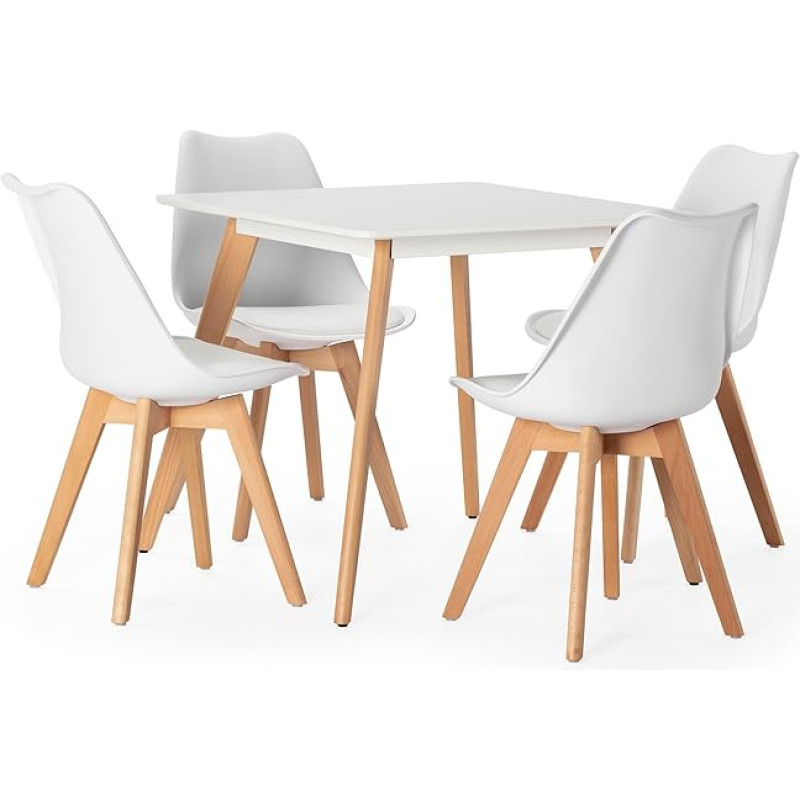 HOMN LIVING Square Dining Table Set 80 x 80 cm + 4 Dining Chairs White with Wooden Leg