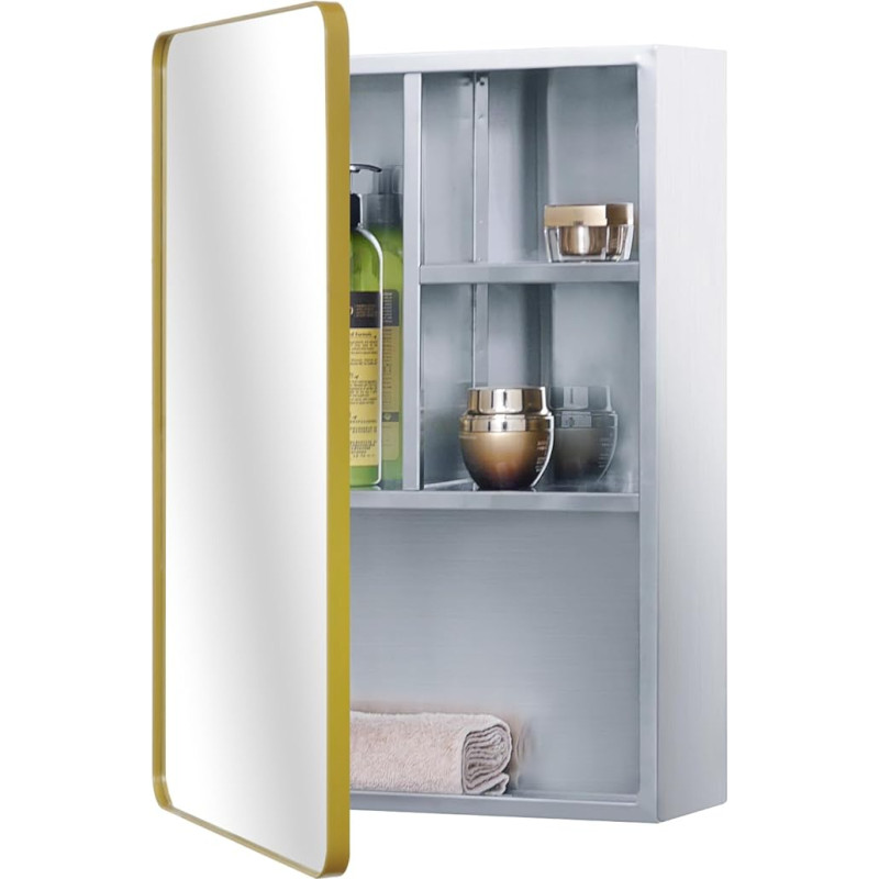Fundin Stainless Steel Bathroom Mirror Cabinet with Mirror Doors and Multiple Shelves, Gold, 37 x 53 cm (15 x 21 in)